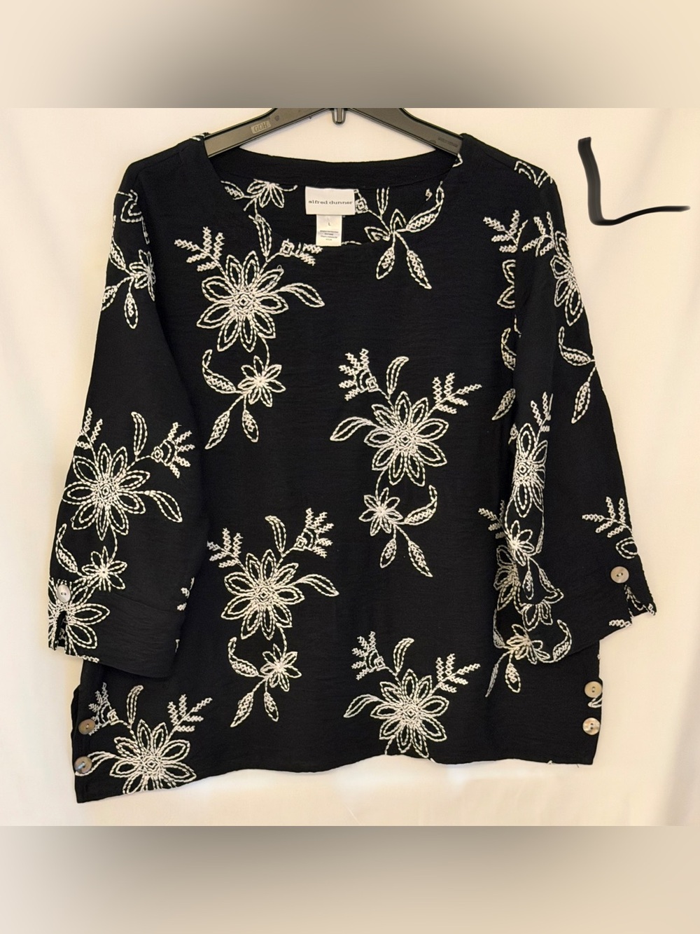 Alfred Dunner Black Tunic with White Floral Embroidery